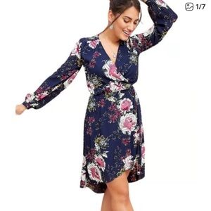 Maurice’s long sleeve navy floral wrap high low dress, size L